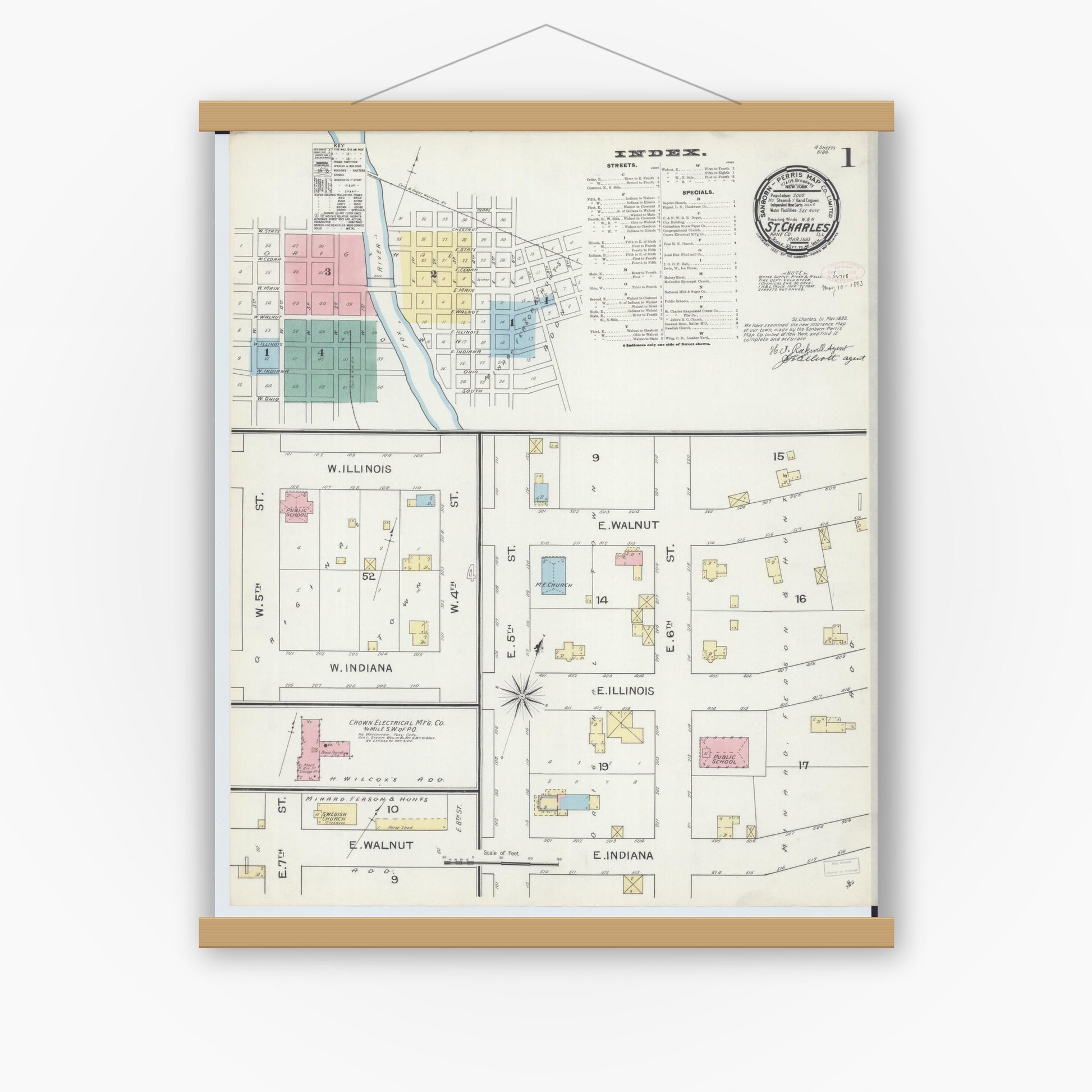 Old map wall art mockup — magnetic wood frame on white wall — Sanborn Fire Insurance Map from Saint Charles, Kane County, Illinois (1893) - Complete Map Set