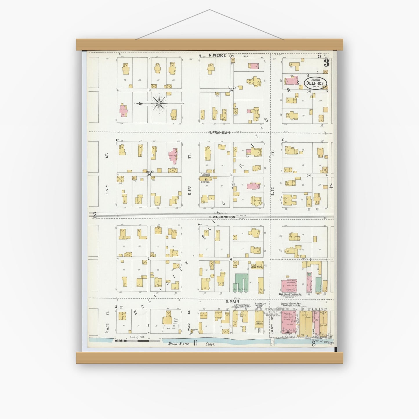 Old map wall art mockup — magnetic wood frame on white wall — Sanborn Fire Insurance Map from Delphos, Van Wert And Allen Counties, Ohio (1899), Sheet #0003