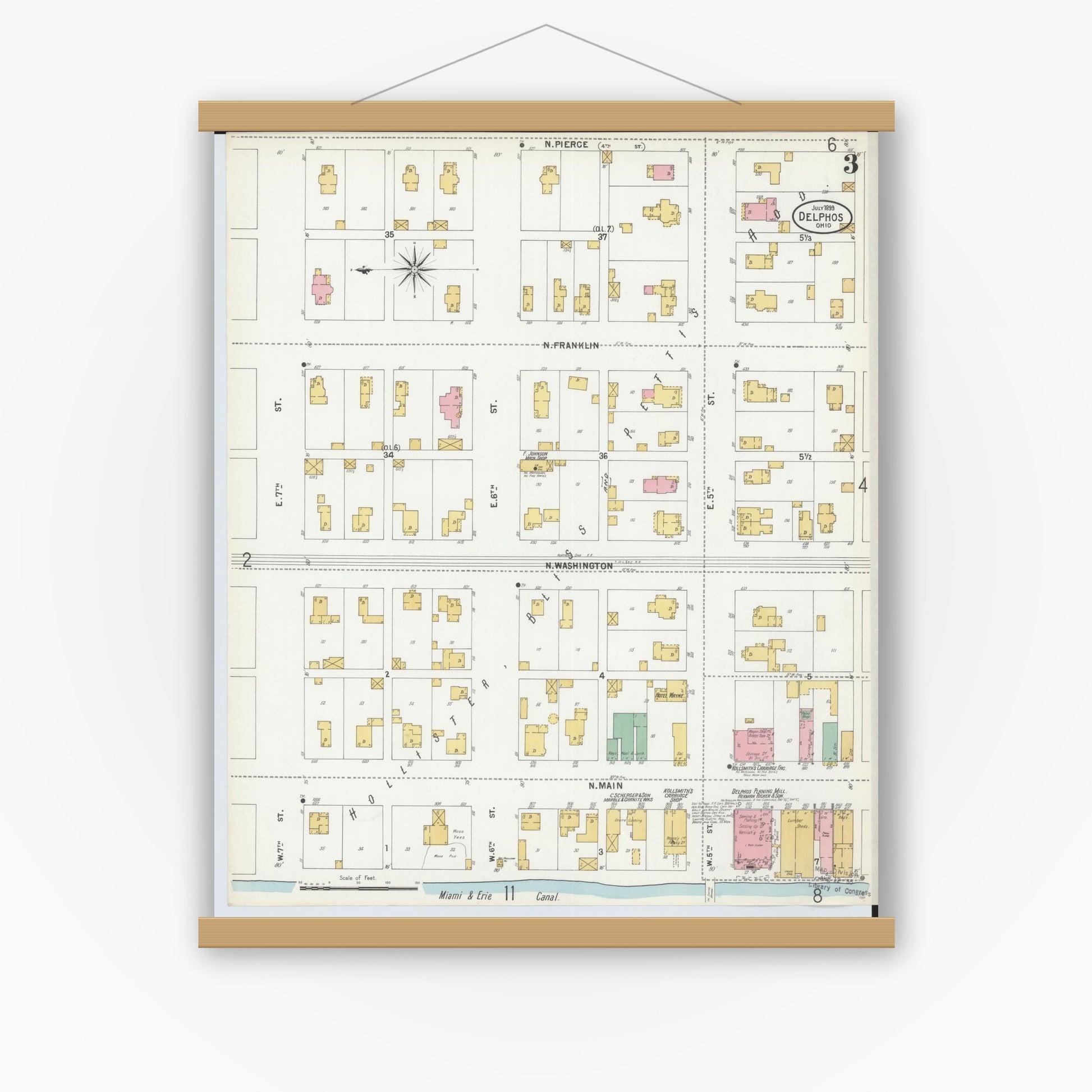 Old map wall art mockup — magnetic wood frame on white wall — Sanborn Fire Insurance Map from Delphos, Van Wert And Allen Counties, Ohio (1899), Sheet #0003