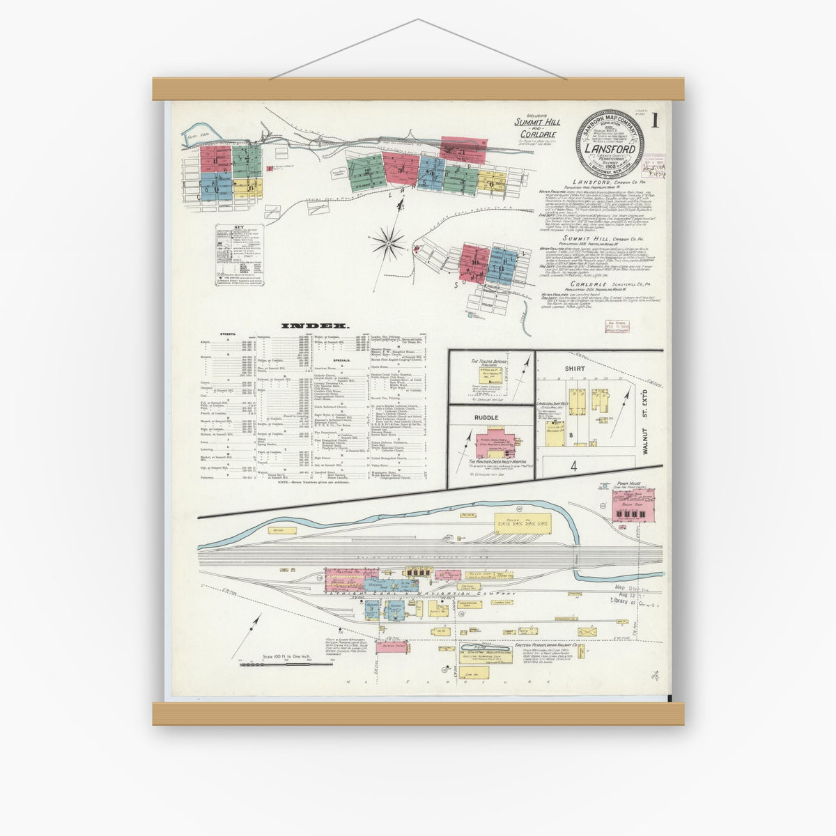 Old map wall art mockup — magnetic wood frame on white wall — Sanborn Fire Insurance Map from Lansford, Carbon County, Pennsylvania (1908) - Complete Map Set