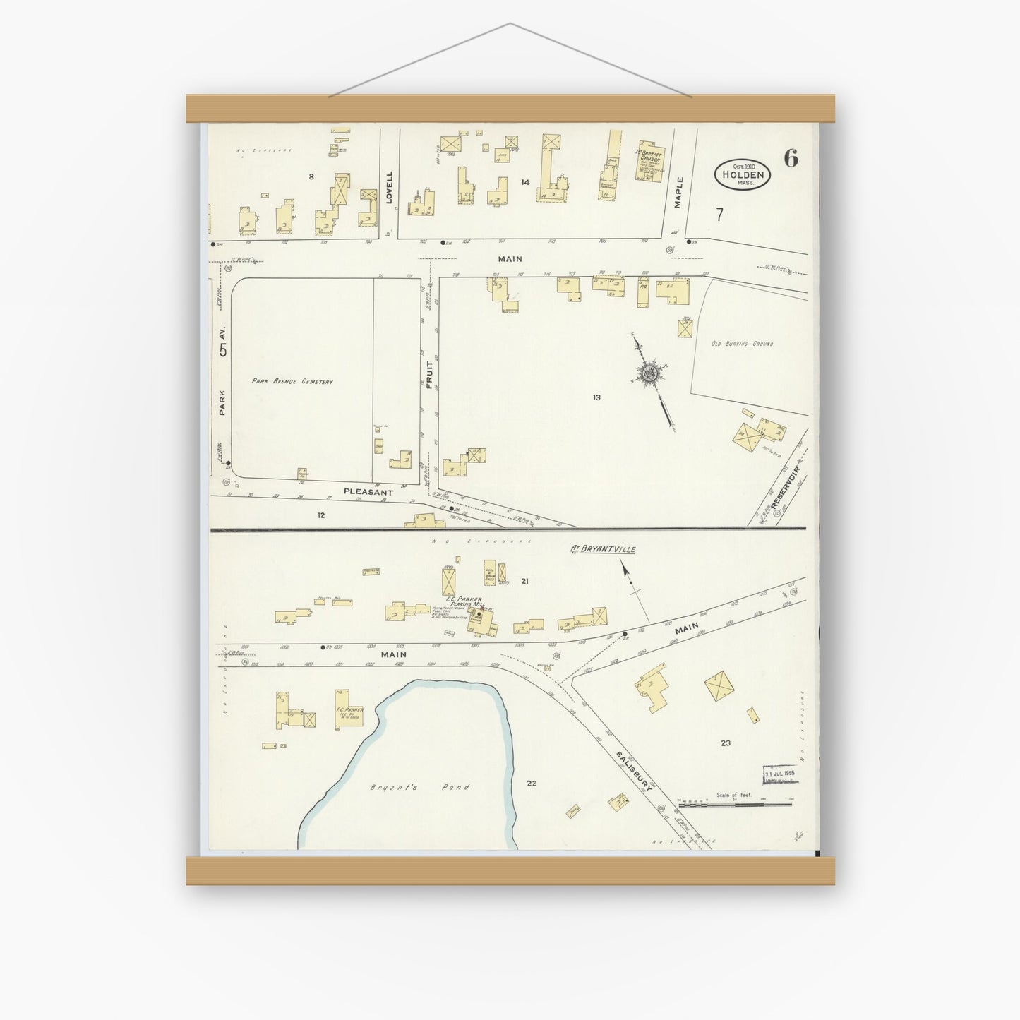 Old map wall art mockup — magnetic wood frame on white wall — Sanborn Fire Insurance Map from Holden, Worcester County, Massachusetts (1910), Sheet #0006