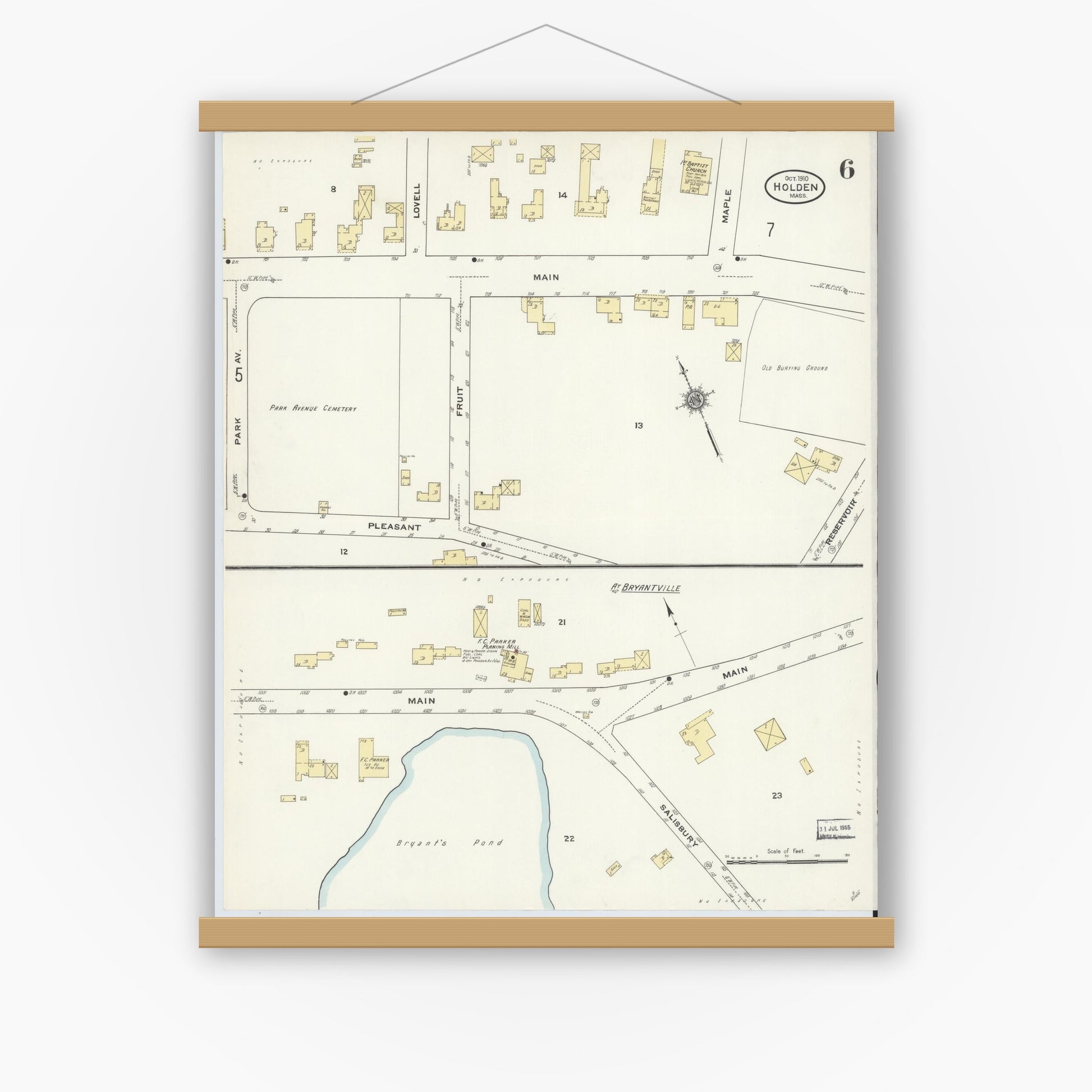 Old map wall art mockup — magnetic wood frame on white wall — Sanborn Fire Insurance Map from Holden, Worcester County, Massachusetts (1910), Sheet #0006