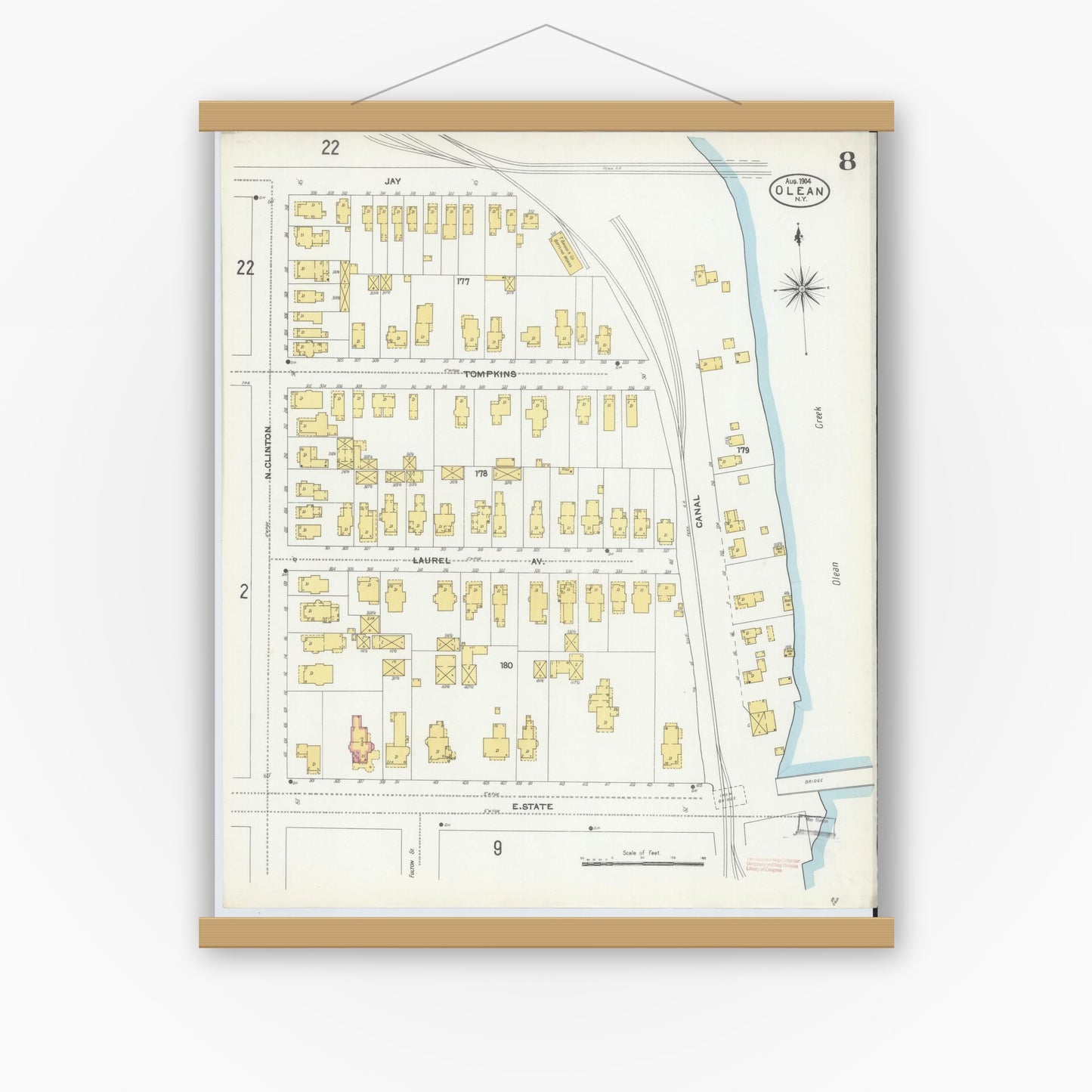 Old map wall art mockup — magnetic wood frame on white wall — Sanborn Fire Insurance Map from Olean, Cattaraugus County, New York (1904), Sheet #0008