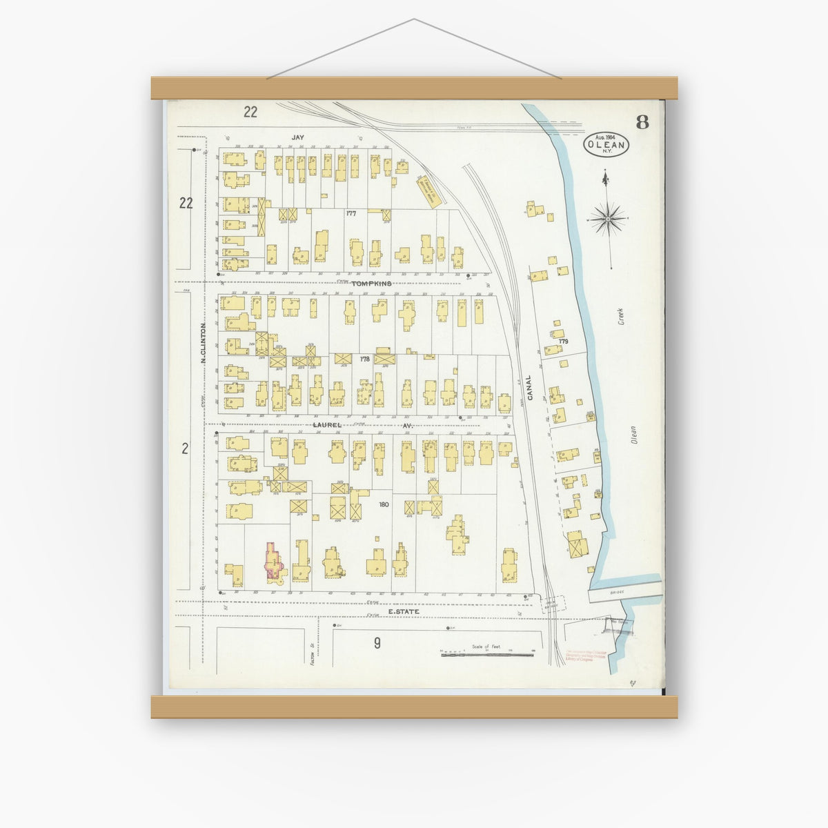 Old map wall art mockup — magnetic wood frame on white wall — Sanborn Fire Insurance Map from Olean, Cattaraugus County, New York (1904), Sheet #0008