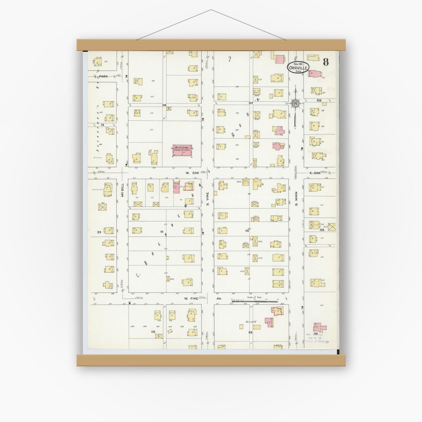 Old map wall art mockup — magnetic wood frame on white wall — Sanborn Fire Insurance Map from Orrville, Wayne County, Ohio (1911), Sheet #0008