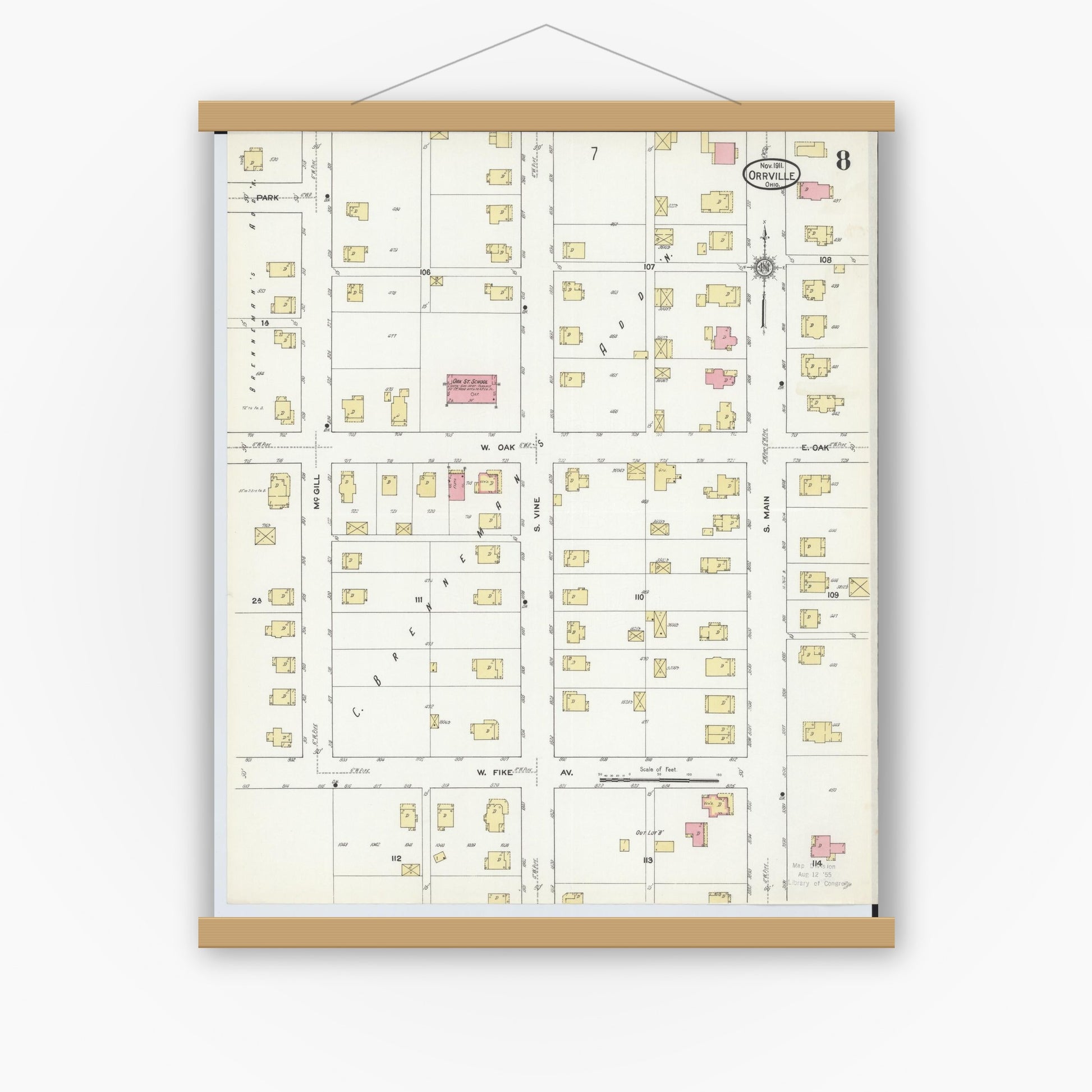 Old map wall art mockup — magnetic wood frame on white wall — Sanborn Fire Insurance Map from Orrville, Wayne County, Ohio (1911), Sheet #0008