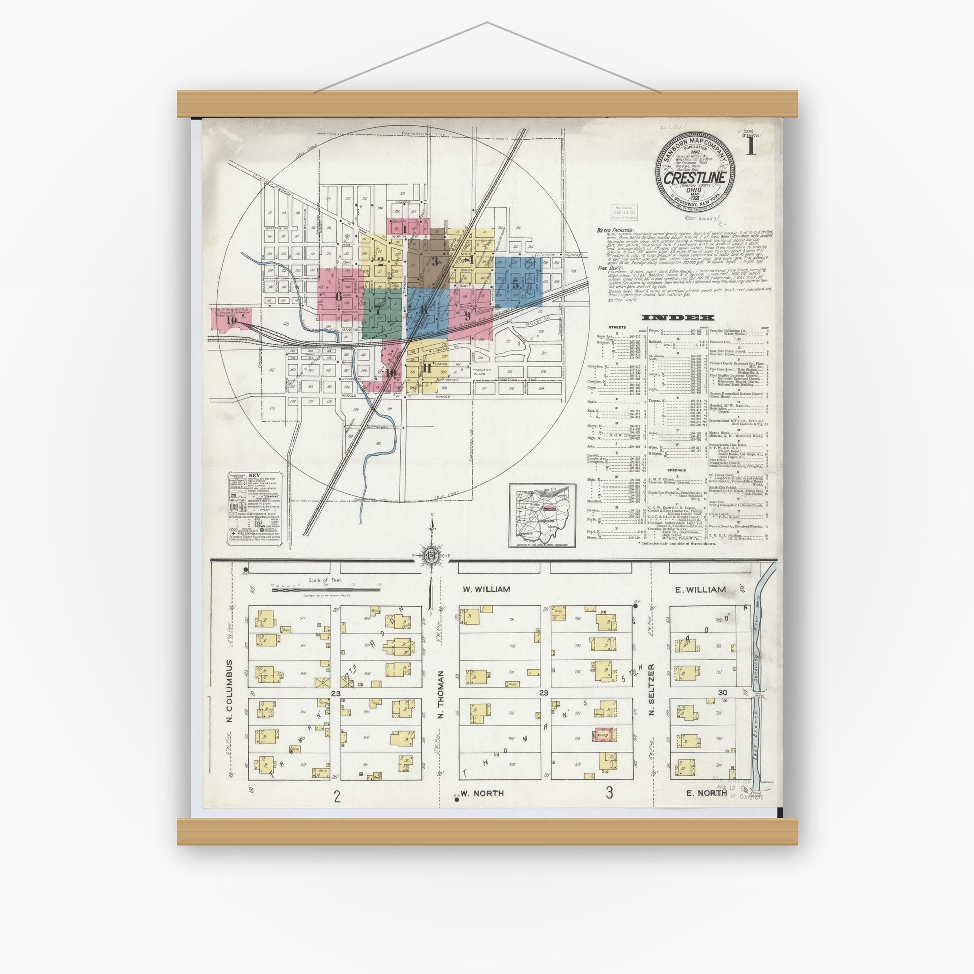 Old map wall art mockup — magnetic wood frame on white wall — Sanborn Fire Insurance Map from Crestline, Crawford County, Ohio (1921) - Complete Map Set