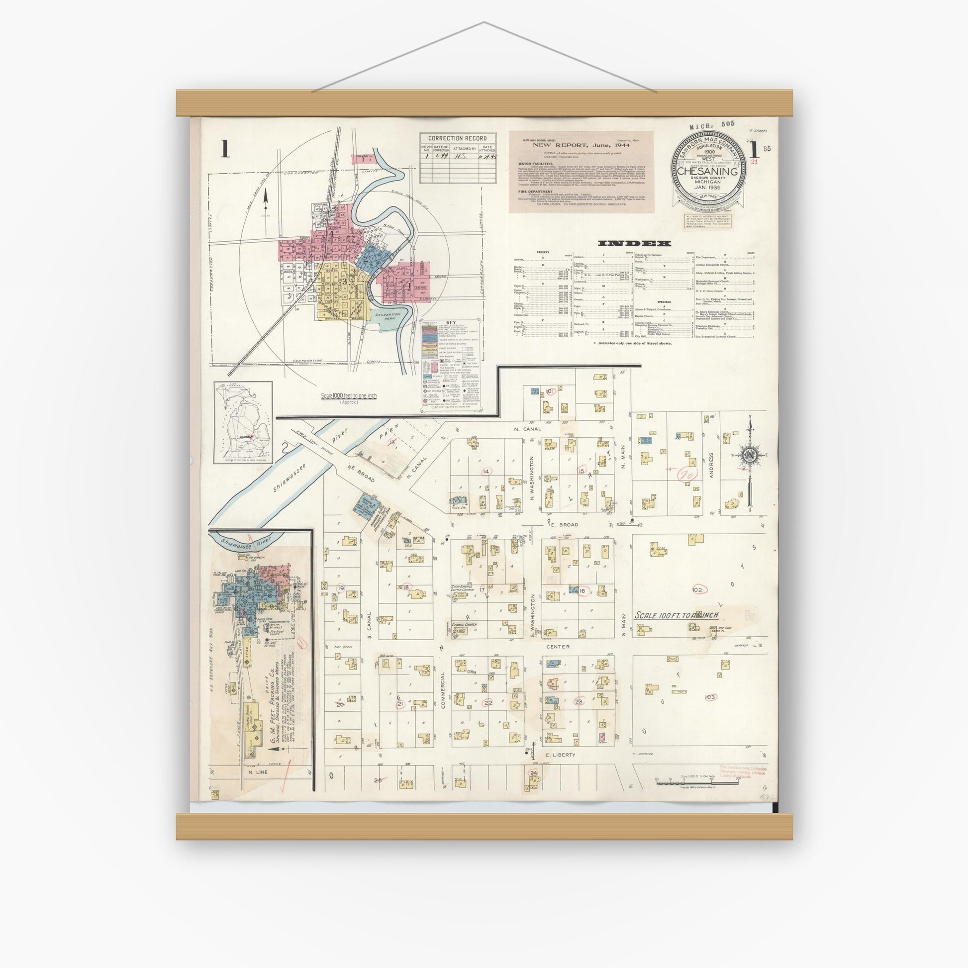 Old map wall art mockup — magnetic wood frame on white wall — Sanborn Fire Insurance Map from Chesaning, Saginaw County, Michigan (1944), Sheet #0001
