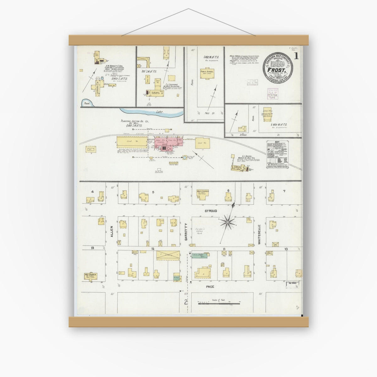 Old map wall art mockup — magnetic wood frame on white wall — Sanborn Fire Insurance Map from Frost, Navarro County, Texas (1904) - Complete Map Set
