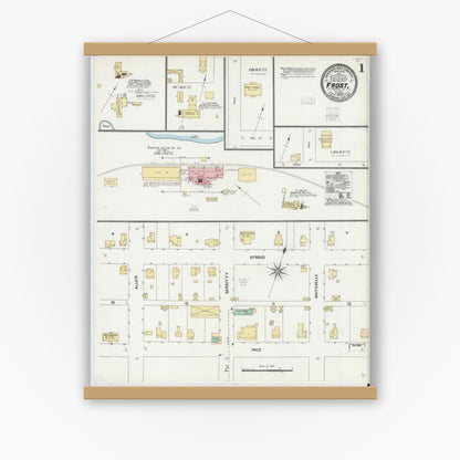 Old map wall art mockup — magnetic wood frame on white wall — Sanborn Fire Insurance Map from Frost, Navarro County, Texas (1904) - Complete Map Set