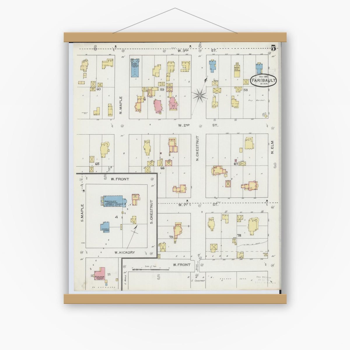 Old map wall art mockup — magnetic wood frame on white wall — Sanborn Fire Insurance Map from Faribault, Rice County, Minnesota (1893), Sheet #0005