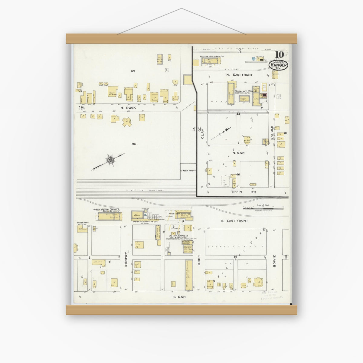 Old map wall art mockup — magnetic wood frame on white wall — Sanborn Fire Insurance Map from Ranger, Eastland County, Texas (1920), Sheet #0010