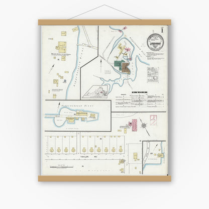 Old map wall art mockup — magnetic wood frame on white wall — Sanborn Fire Insurance Map from Urbanna, Middlesex County, Virginia (1921) - Complete Map Set
