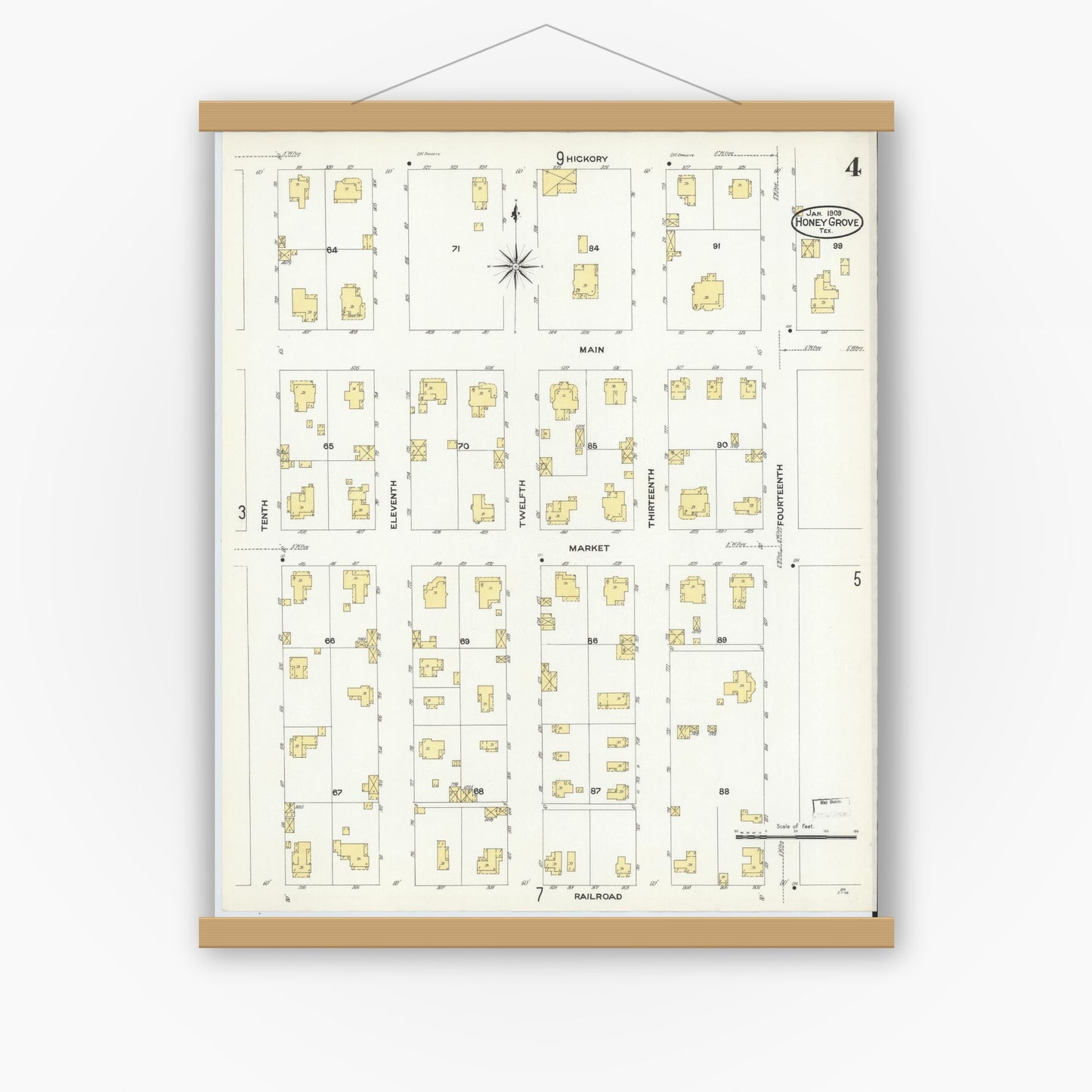 Old map wall art mockup — magnetic wood frame on white wall — Sanborn Fire Insurance Map from Honey Grove, Fannin County, Texas (1909), Sheet #0004