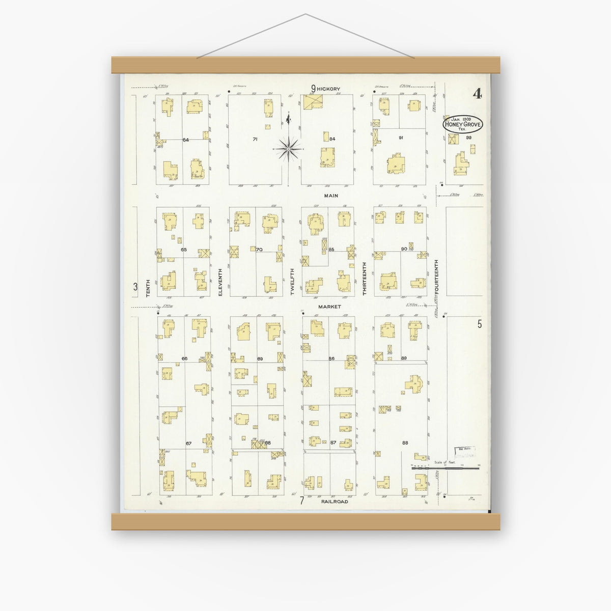 Old map wall art mockup — magnetic wood frame on white wall — Sanborn Fire Insurance Map from Honey Grove, Fannin County, Texas (1909), Sheet #0004