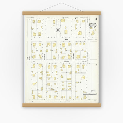 Old map wall art mockup — magnetic wood frame on white wall — Sanborn Fire Insurance Map from Honey Grove, Fannin County, Texas (1909), Sheet #0004