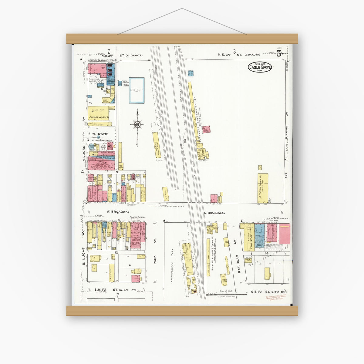 Old map wall art mockup — magnetic wood frame on white wall — Sanborn Fire Insurance Map from Eagle Grove, Wright County, Iowa (1921), Sheet #0005