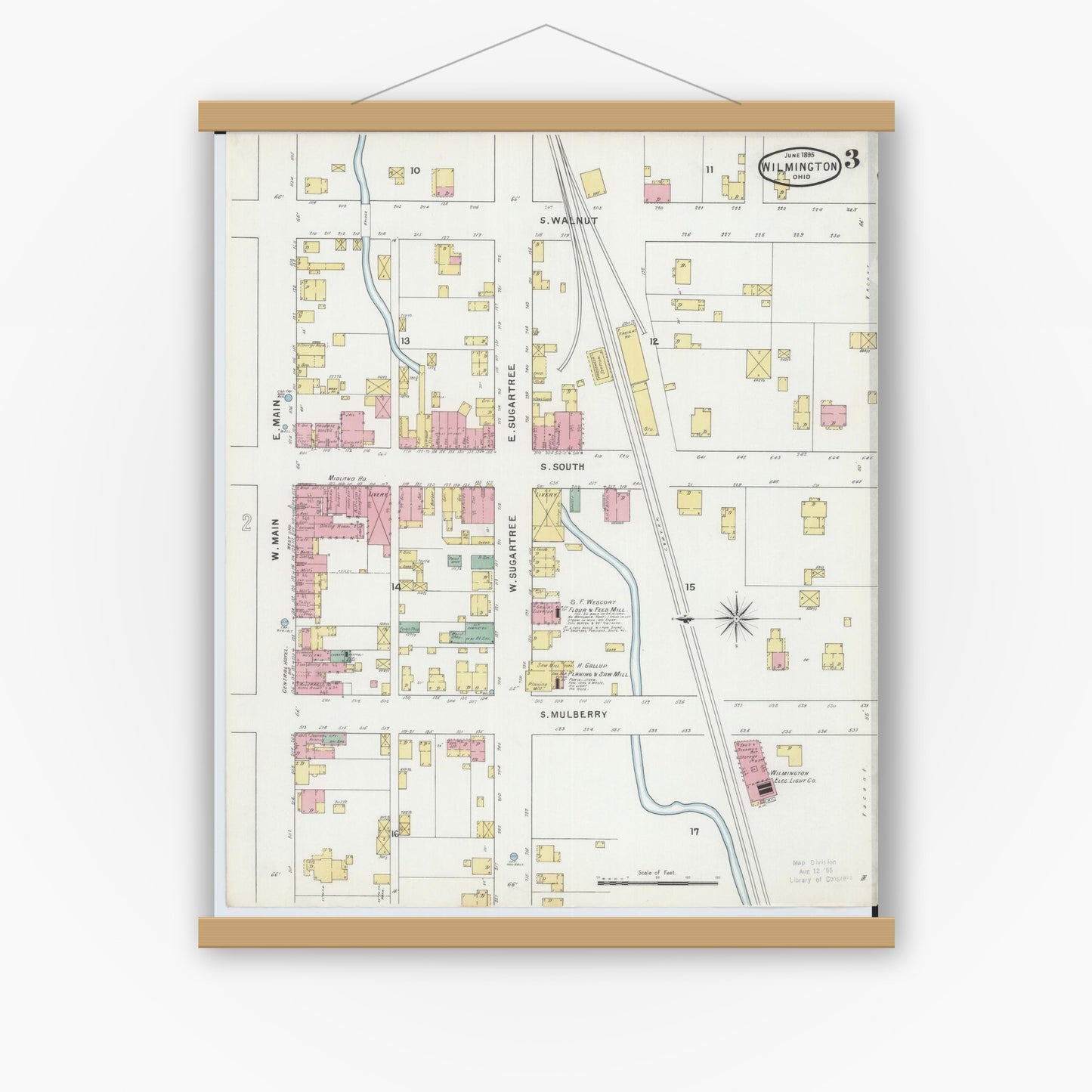 Old map wall art mockup — magnetic wood frame on white wall — Sanborn Fire Insurance Map from Wilmington, Clinton County, Ohio (1895), Sheet #0003
