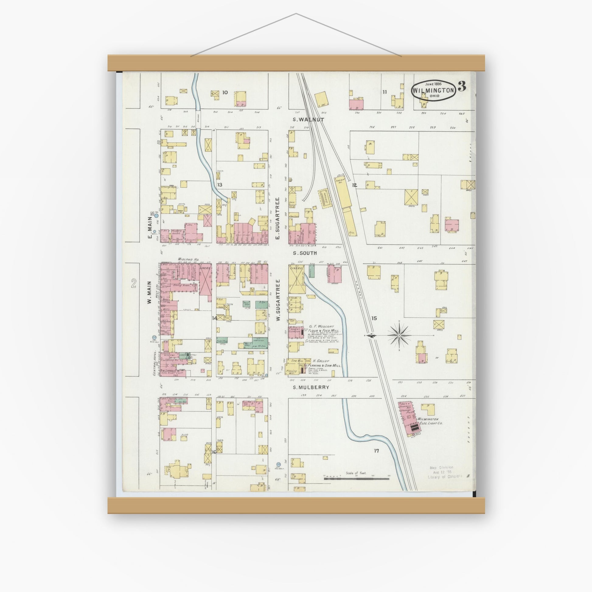 Old map wall art mockup — magnetic wood frame on white wall — Sanborn Fire Insurance Map from Wilmington, Clinton County, Ohio (1895), Sheet #0003