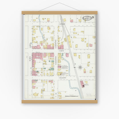 Old map wall art mockup — magnetic wood frame on white wall — Sanborn Fire Insurance Map from Wilmington, Clinton County, Ohio (1895), Sheet #0003