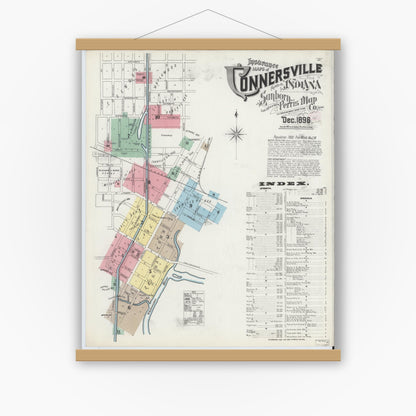 Old map wall art mockup — magnetic wood frame on white wall — Sanborn Fire Insurance Map from Connersville, Fayette County, Indiana (1896) - Complete Map Set