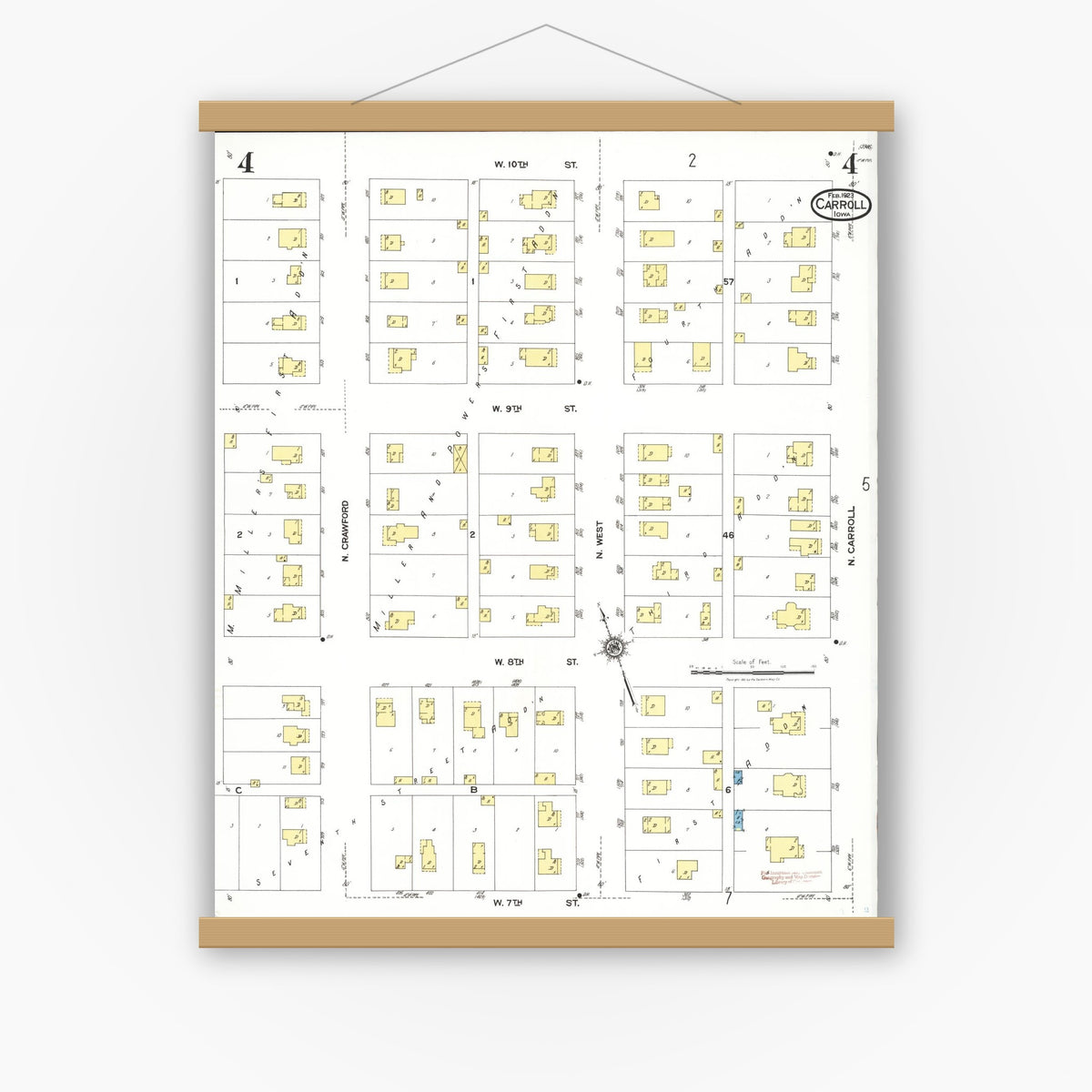 Old map wall art mockup — magnetic wood frame on white wall — Sanborn Fire Insurance Map from Carroll, Carroll County, Iowa (1923), Sheet #0004