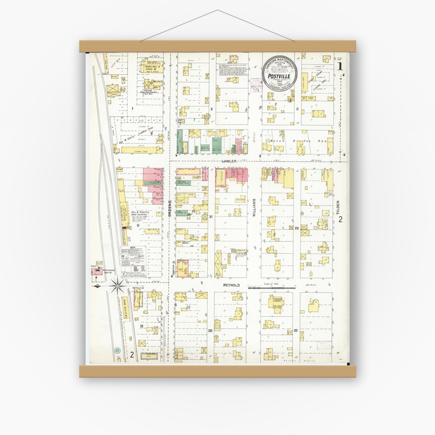 Old map wall art mockup — magnetic wood frame on white wall — Sanborn Fire Insurance Map from Postville, Allamakee County, Iowa (1902) â€” Complete Set