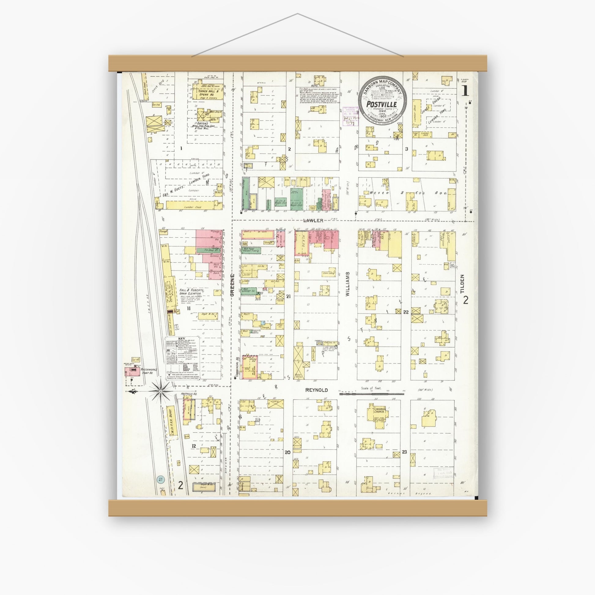 Old map wall art mockup — magnetic wood frame on white wall — Sanborn Fire Insurance Map from Postville, Allamakee County, Iowa (1902) â€” Complete Set