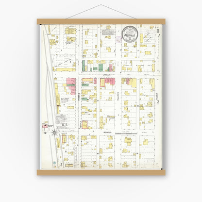Old map wall art mockup — magnetic wood frame on white wall — Sanborn Fire Insurance Map from Postville, Allamakee County, Iowa (1902) â€” Complete Set
