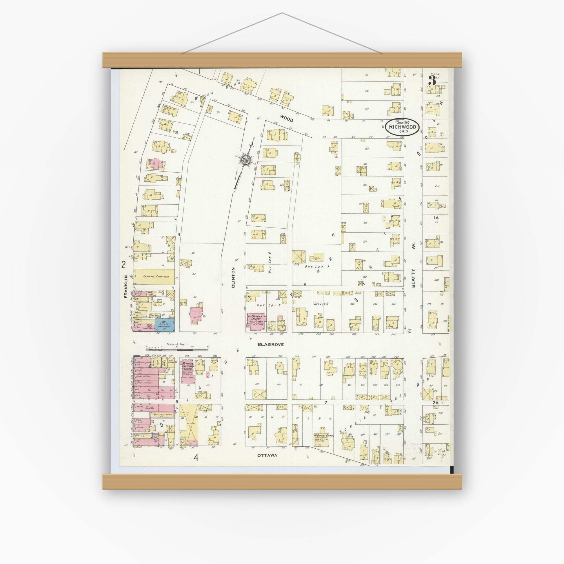 Old map wall art mockup — magnetic wood frame on white wall — Sanborn Fire Insurance Map from Richwood, Union County, Ohio (1910), Sheet #0003