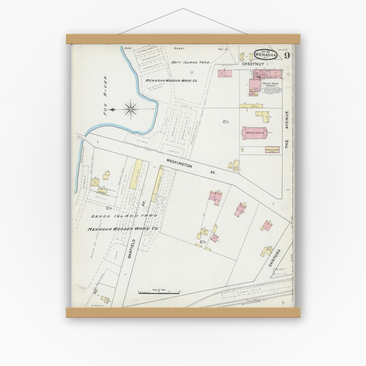 Old map wall art mockup — magnetic wood frame on white wall — Sanborn Fire Insurance Map from Menasha, Winnebago County, Wisconsin (1891), Sheet #0009