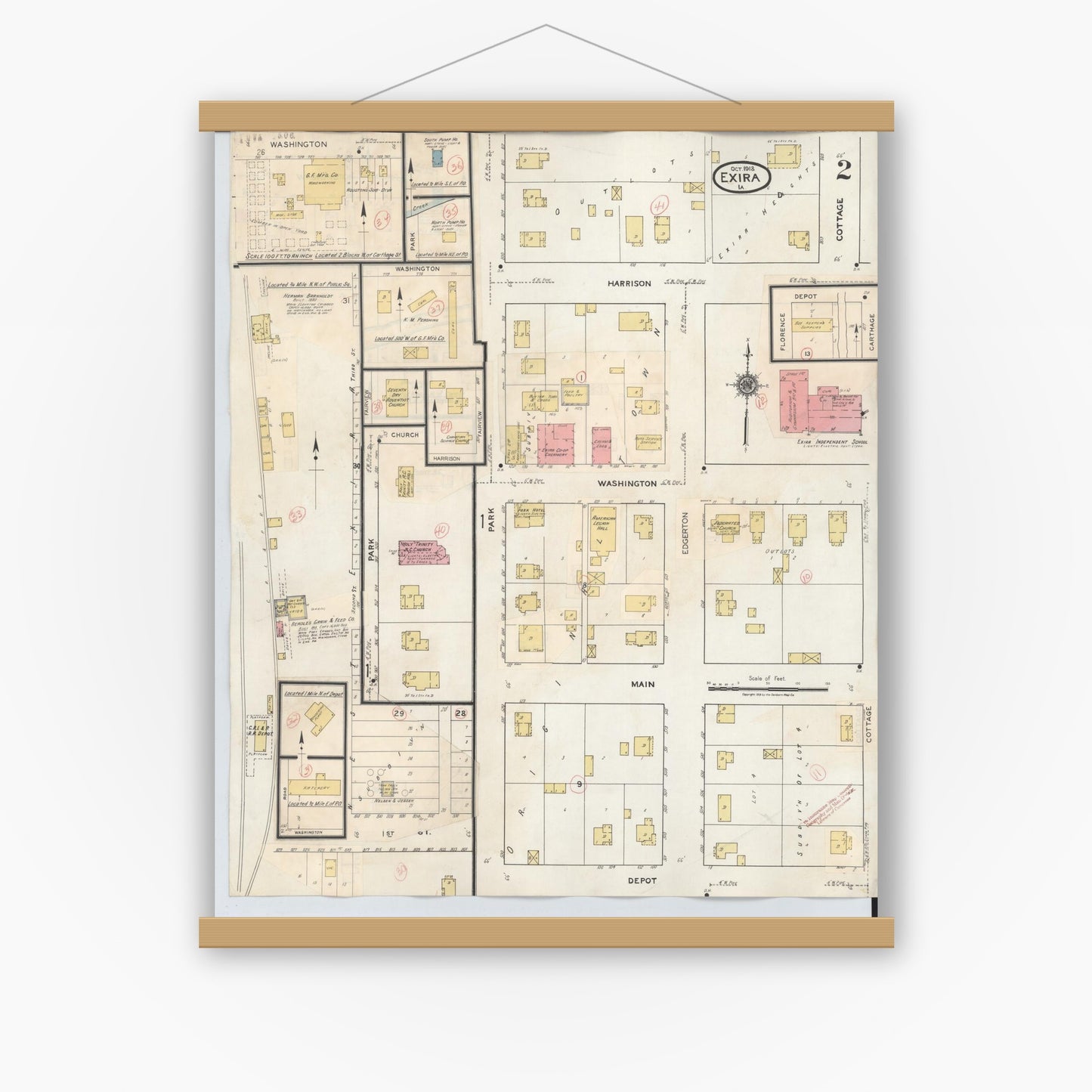 Old map wall art mockup — magnetic wood frame on white wall — Sanborn Fire Insurance Map from Exira, Audubon County, Iowa (1932), Sheet #0002