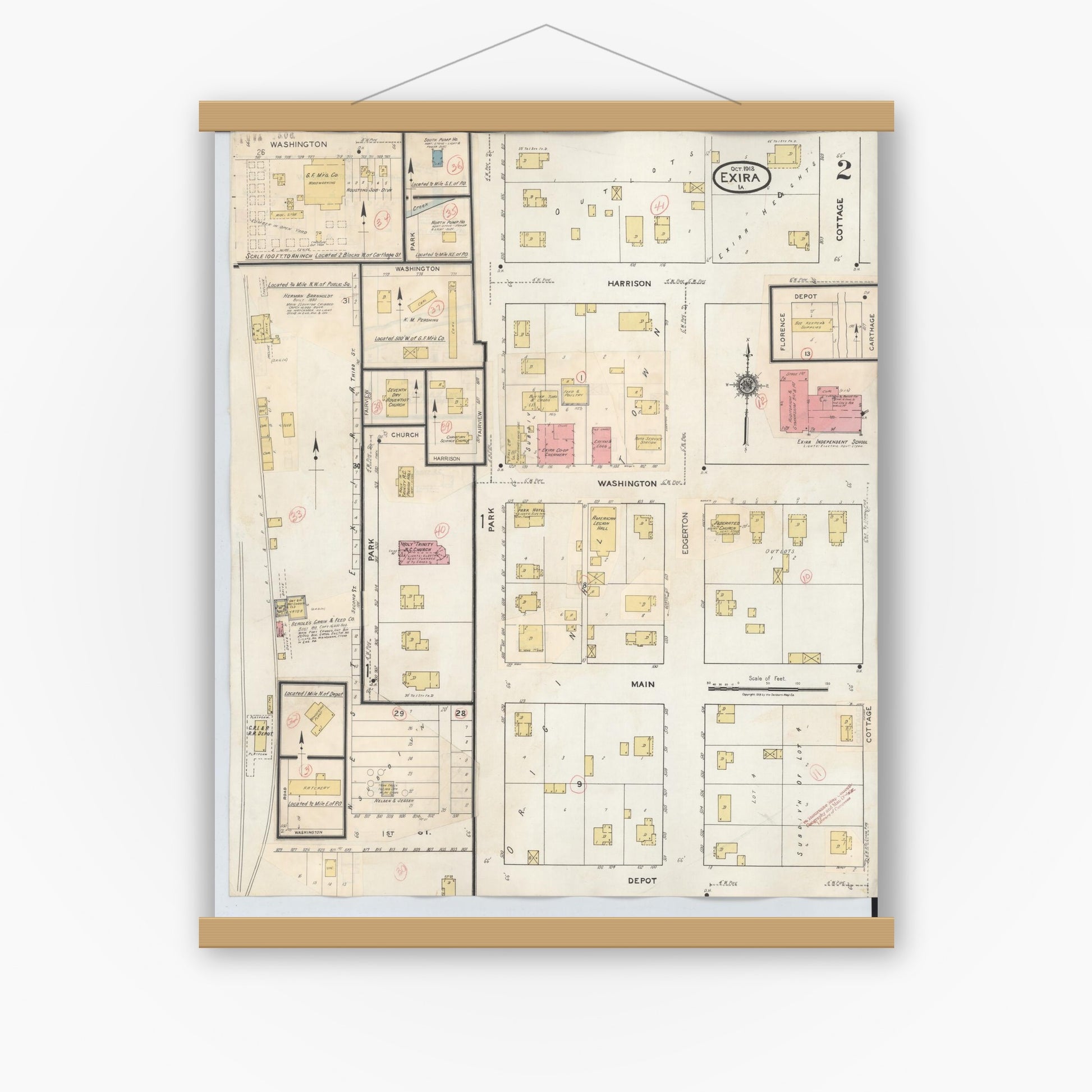 Old map wall art mockup — magnetic wood frame on white wall — Sanborn Fire Insurance Map from Exira, Audubon County, Iowa (1932), Sheet #0002