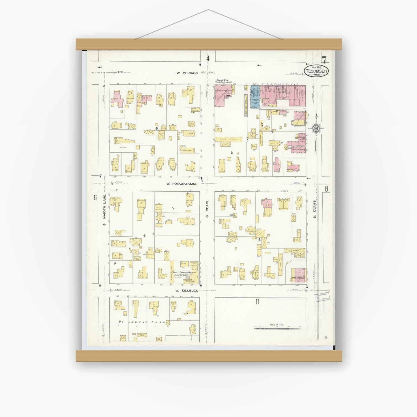 Old map wall art mockup — magnetic wood frame on white wall — Sanborn Fire Insurance Map from Tecumseh, Lenawee County, Michigan (1912), Sheet #0007