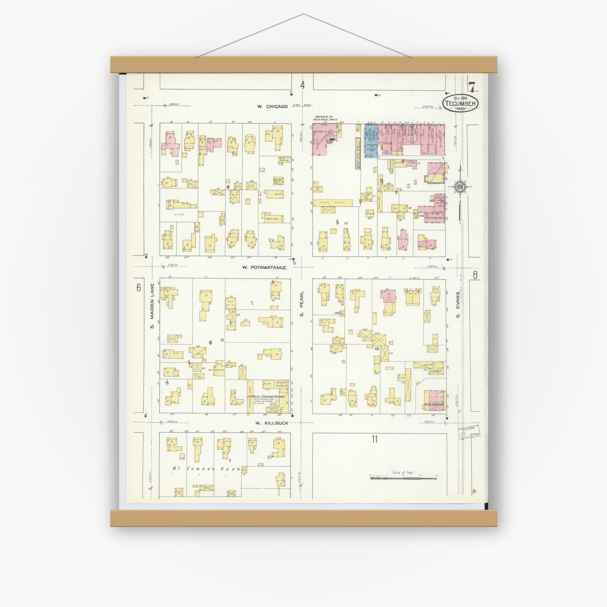 Old map wall art mockup — magnetic wood frame on white wall — Sanborn Fire Insurance Map from Tecumseh, Lenawee County, Michigan (1912), Sheet #0007