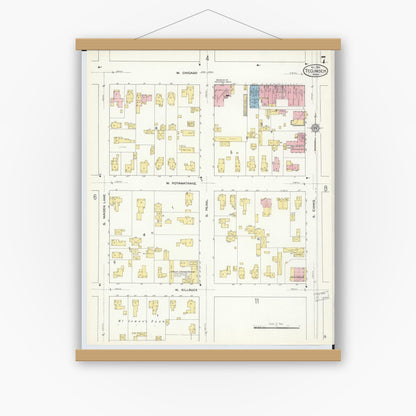 Old map wall art mockup — magnetic wood frame on white wall — Sanborn Fire Insurance Map from Tecumseh, Lenawee County, Michigan (1912), Sheet #0007