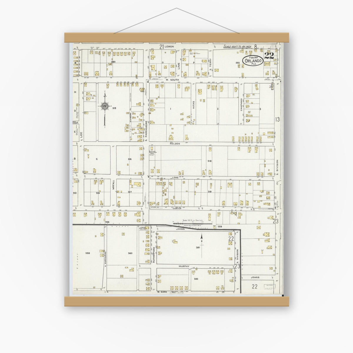 Old map wall art mockup — magnetic wood frame on white wall — Sanborn Fire Insurance Map from Orlando, Orange County, Florida (1919), Sheet #0022