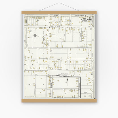 Old map wall art mockup — magnetic wood frame on white wall — Sanborn Fire Insurance Map from Orlando, Orange County, Florida (1919), Sheet #0022