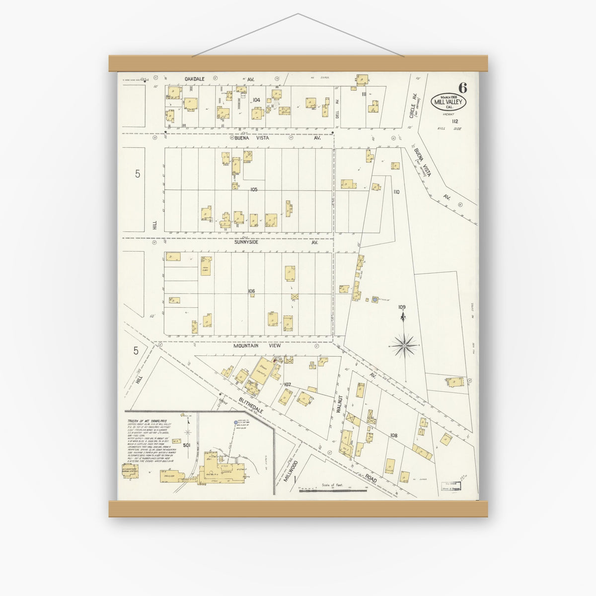 Old map wall art mockup — magnetic wood frame on white wall — Sanborn Fire Insurance Map from Mill Valley, Marin County, California (1908), Sheet #0006