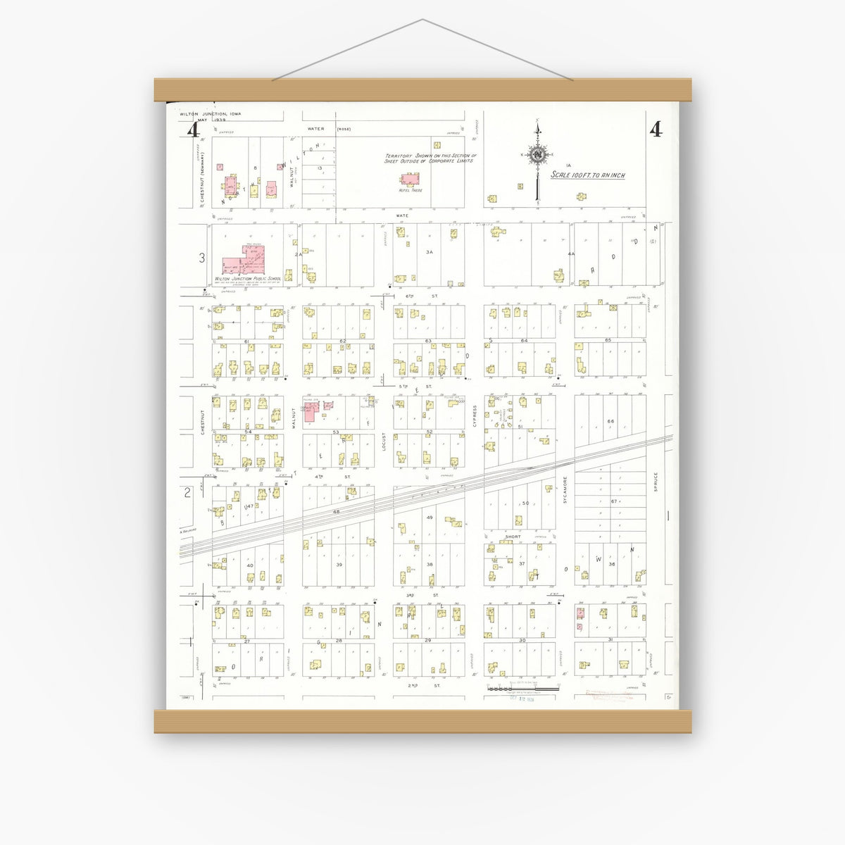 Old map wall art mockup — magnetic wood frame on white wall — Sanborn Fire Insurance Map from Wilton Junction, Muscatine County, Iowa (1939), Sheet #0004