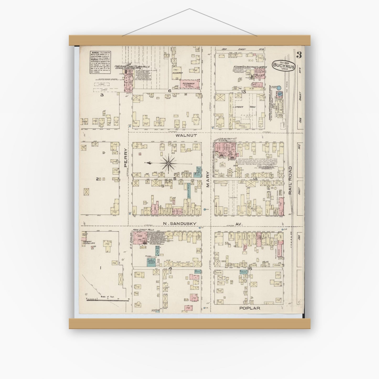 Old map wall art mockup — magnetic wood frame on white wall — Sanborn Fire Insurance Map from Bucyrus, Crawford County, Ohio (1884), Sheet #0003