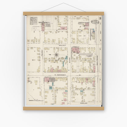 Old map wall art mockup — magnetic wood frame on white wall — Sanborn Fire Insurance Map from Bucyrus, Crawford County, Ohio (1884), Sheet #0003