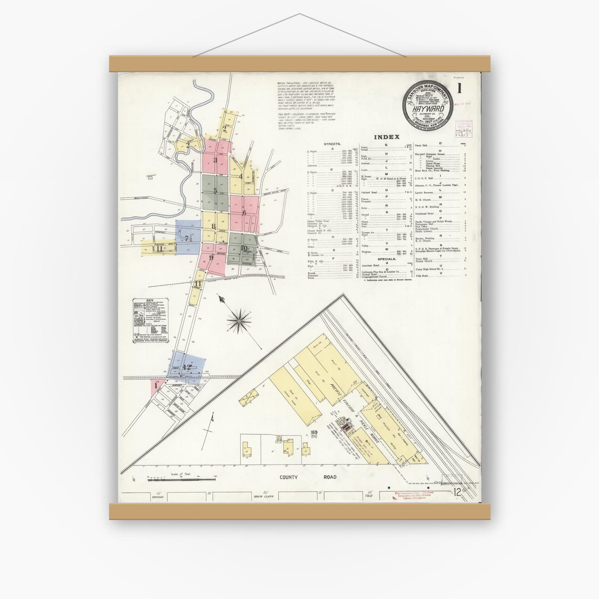 Old map wall art mockup — magnetic wood frame on white wall — Sanborn Fire Insurance Map from Hayward, Alameda County, California (1907) - Complete Map Set