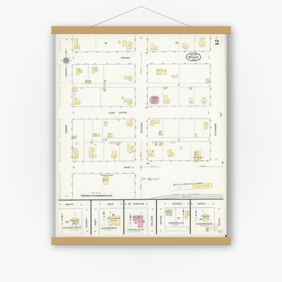 Old map wall art mockup — magnetic wood frame on white wall — Sanborn Fire Insurance Map from Weimar, Colorado County, Texas (1912), Sheet #0002