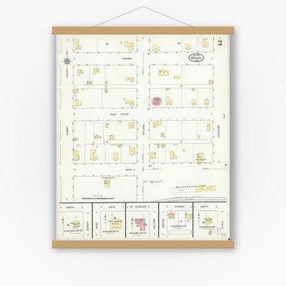 Old map wall art mockup — magnetic wood frame on white wall — Sanborn Fire Insurance Map from Weimar, Colorado County, Texas (1912), Sheet #0002