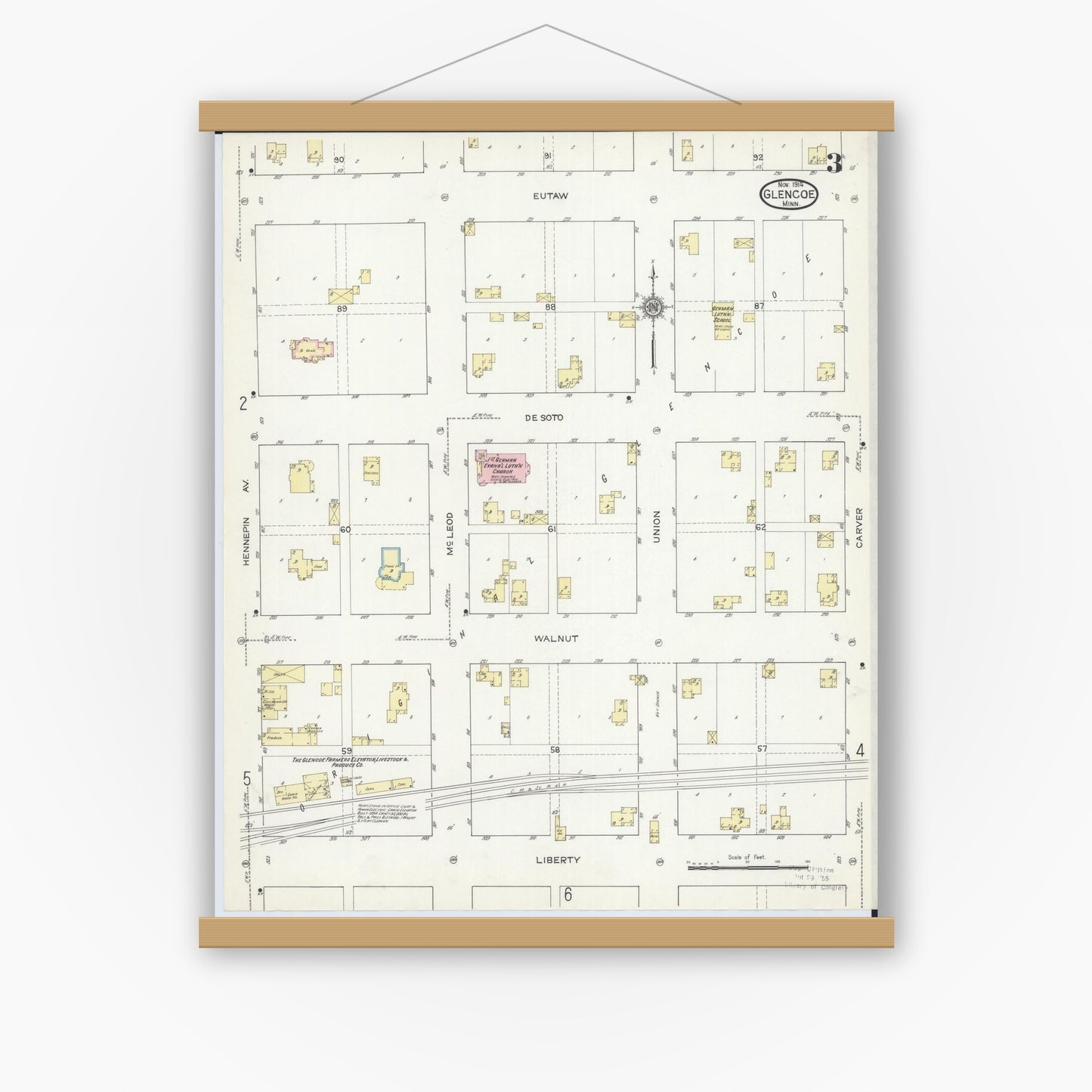 Old map wall art mockup — magnetic wood frame on white wall — Sanborn Fire Insurance Map from Glencoe, Mcleod County, Minnesota (1914), Sheet #0003