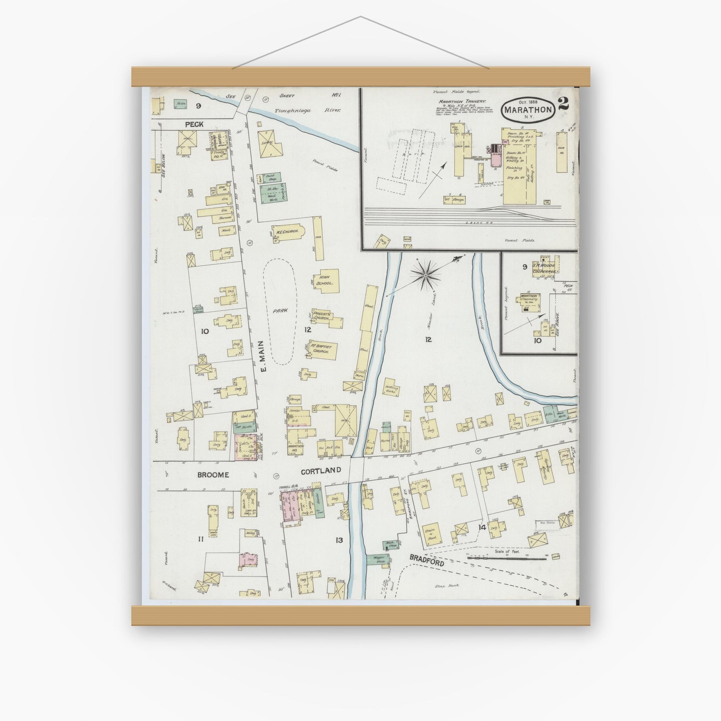 Old map wall art mockup — magnetic wood frame on white wall — Sanborn Fire Insurance Map from Marathon, Cortland County, New York (1888), Sheet #0002