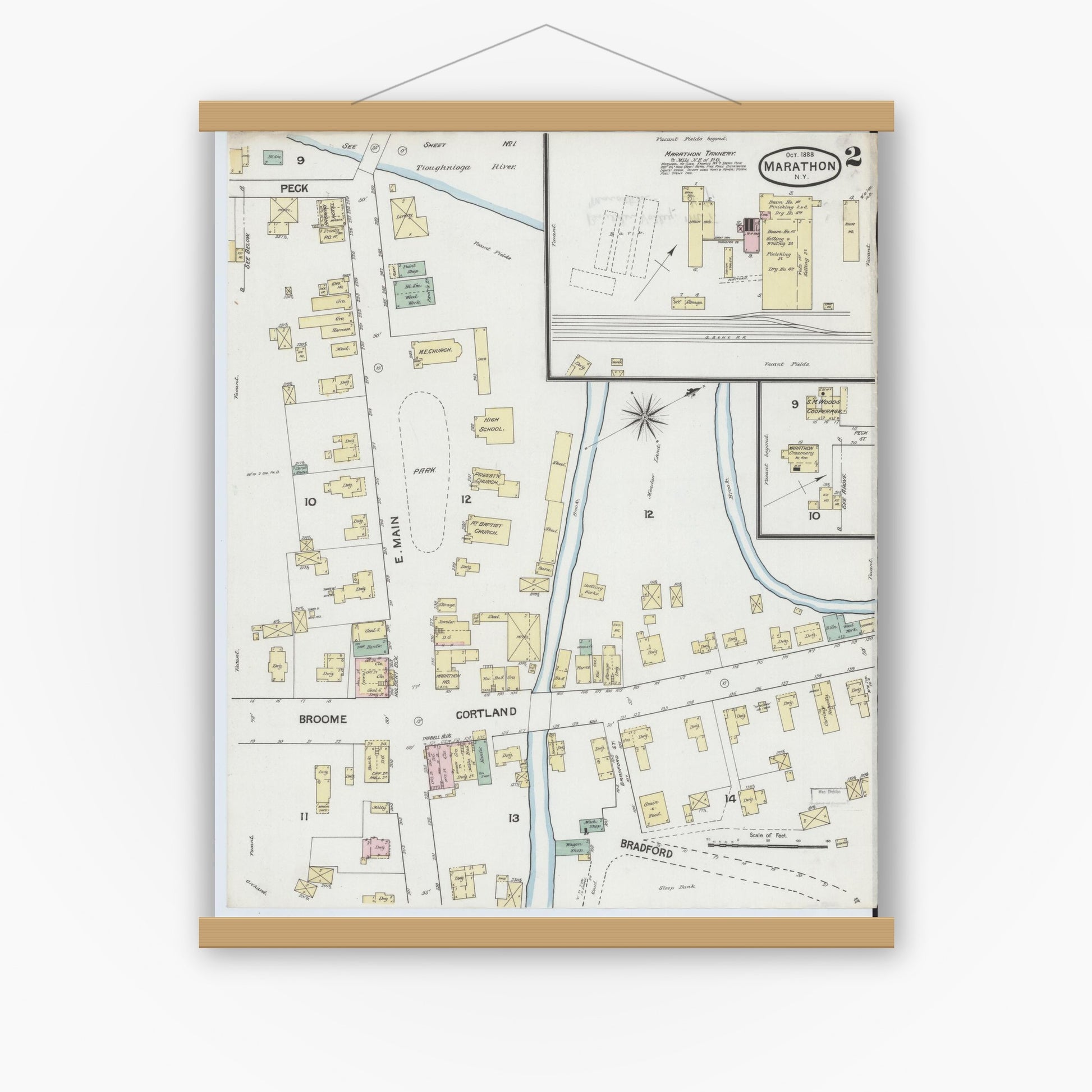 Old map wall art mockup — magnetic wood frame on white wall — Sanborn Fire Insurance Map from Marathon, Cortland County, New York (1888), Sheet #0002