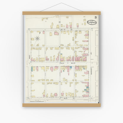 Old map wall art mockup — magnetic wood frame on white wall — Sanborn Fire Insurance Map from Bloomsburg, Columbia County, Pennsylvania (1891), Sheet #0003