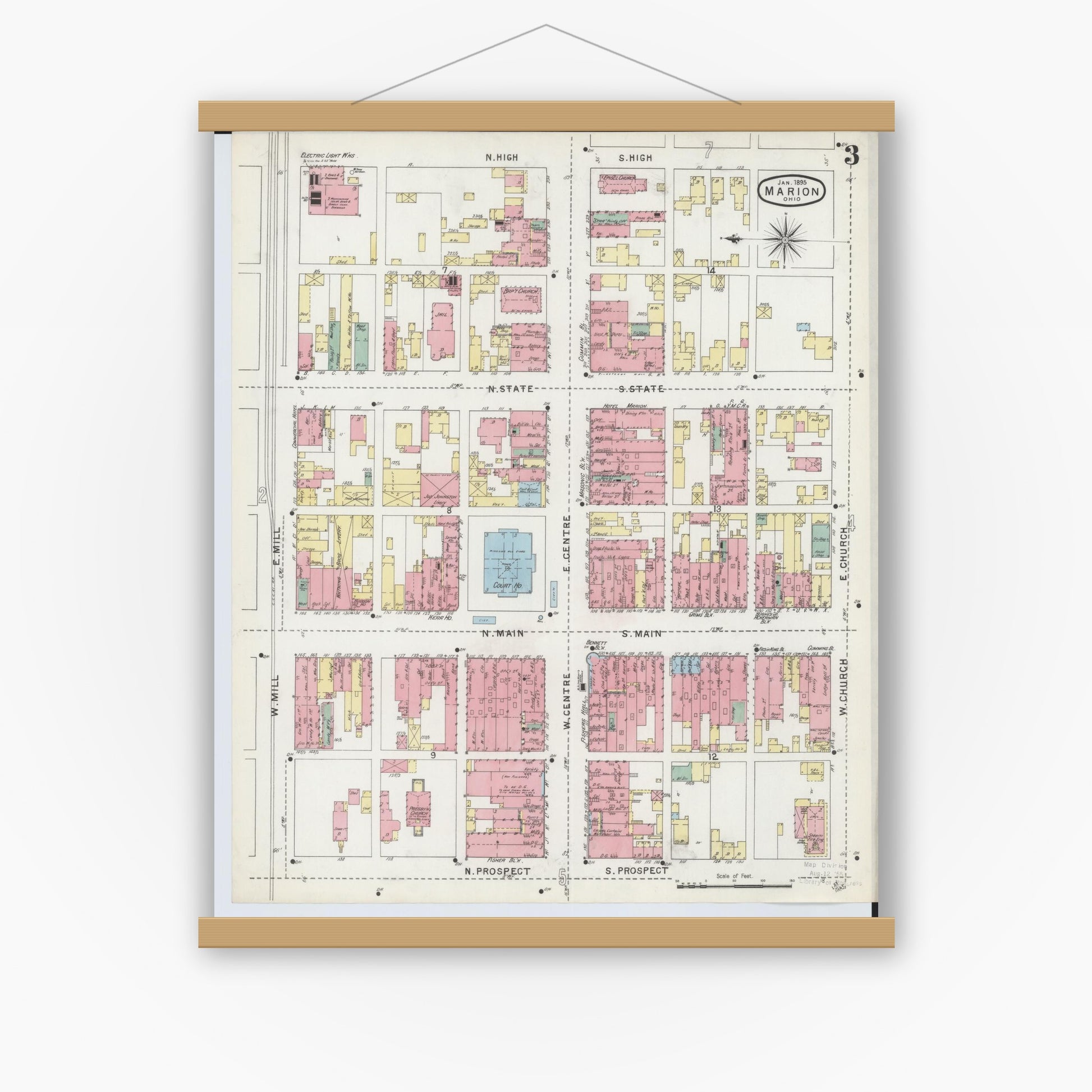 Old map wall art mockup — magnetic wood frame on white wall — Sanborn Fire Insurance Map from Marion, Marion County, Ohio (1895), Sheet #0003